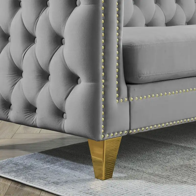 Velvet Upholstered 3 Seat Sofa, Classic Chesterfield Couch Buttons Tufted Square Arm Sofa with Nailheads and Metal Legs