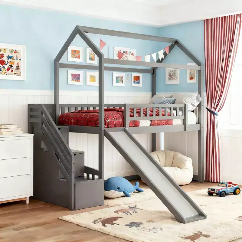 Kids Playhouse Loft Bed with Slide and Storage Drawers, Twin Size Low Height Wooden Bed for Children