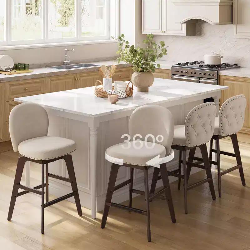 VASAGLE Bar Stools Set of 2, Swivel Counter Stools, Solid Wood Legs, Chenille Fabric, 26.2-Inch Tall Counter Height Stools Dining Home Bar