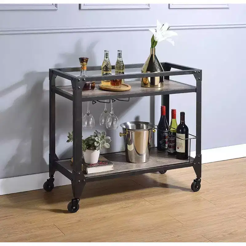 Rustic Oak Bar Serving Cart – Charcoal Finish, Caster Wheels