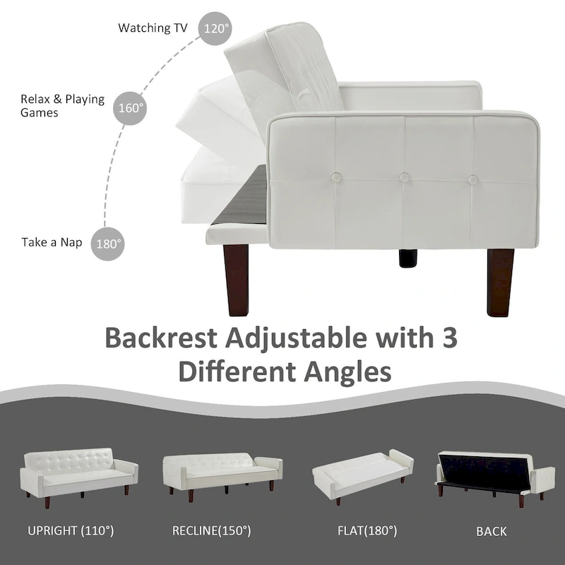 74.4 L Faux Leather Full Handcrafted Button Tufted Sofa 3-Seat, Convertible Sleeper Couch Adjustable Backrest