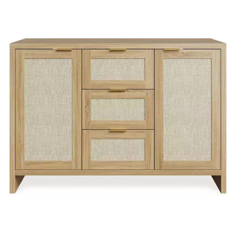 COZONY 47 Modern Rattan Buffet Cabinet Sideboard with Storage, Boho Credenza with Drawers & Doors, Wooden Coffee Bar Cabinet