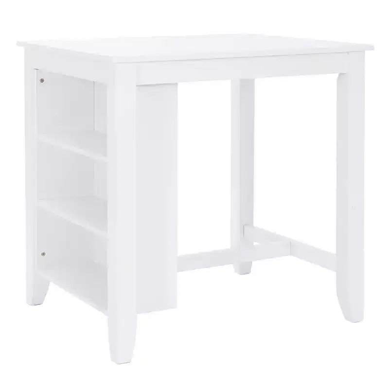 Counter Height Table, White Solid Wood, 3 Shelves, Dual USB, Seats 2, 36
