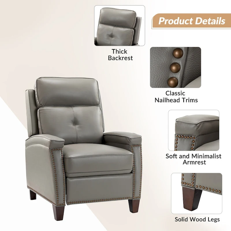 Gaspar Mid-Century Modern Genuine Leather Pushback Recliner with Wood legs Set of 2 by HULALA HOME