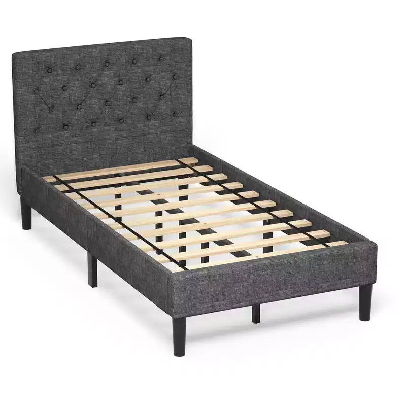 Twin Size Upholstered Bed Frame with Diamond Stitched Headboard and 10 Wood Slat Support