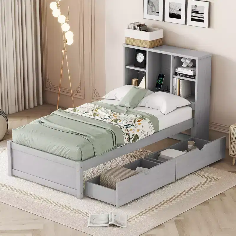 Grey Twin Platform Bed Frame with Bookcase Headboard & 2 Drawers, 1-Person