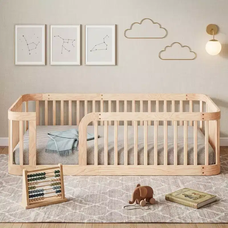 Polibi Wooden Floor Bed Frame with Fence Guardrails & Rounded Corners