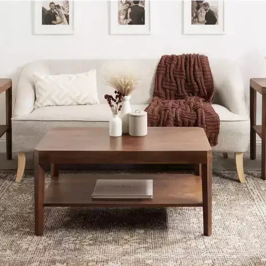 Two-Tier Rectangle Coffee Table in Solid Mango Wood, Natural Brown