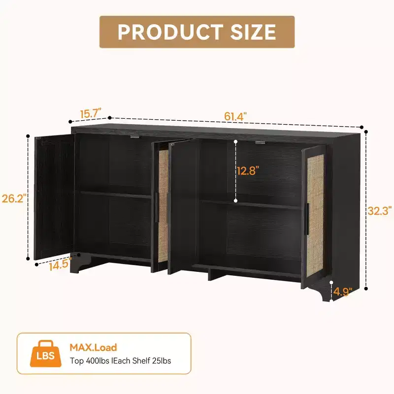 LinTimes Natural Rattan Storage Cabinet with Shelves, 4-Door Sideboard Buffet Cabinet, Boho TV Stand Console Table for Home