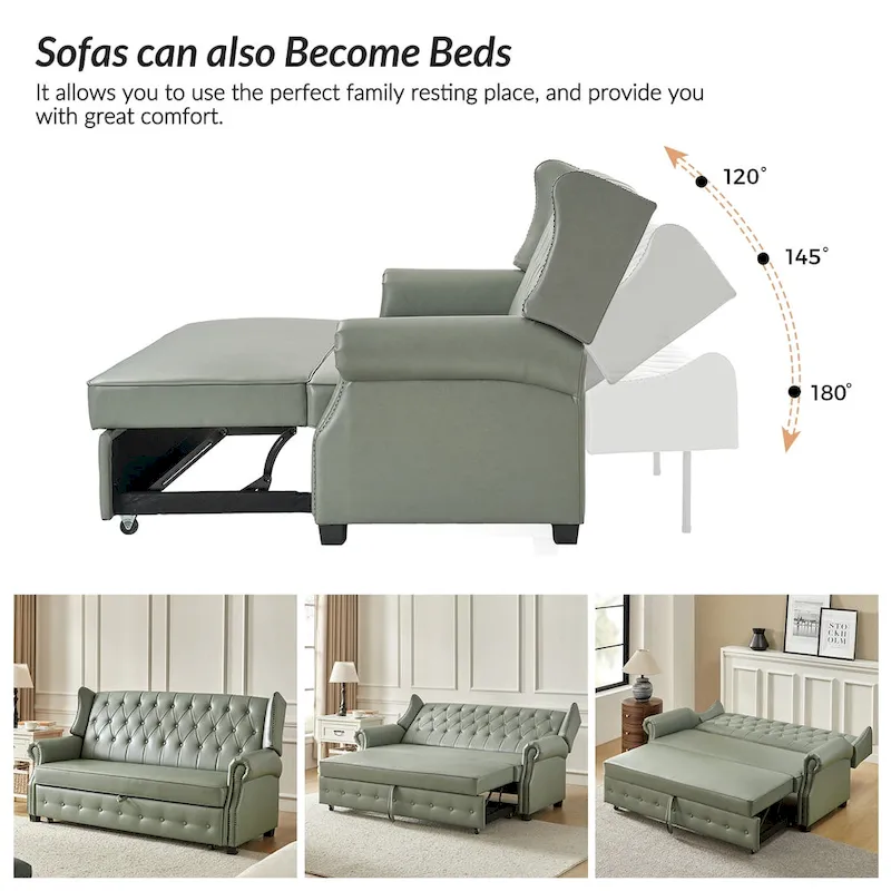 Ruedi Transitional 73.6 Vegan Leather Sofa Bed with Tufted Back and Nailhead by HULALA HOME