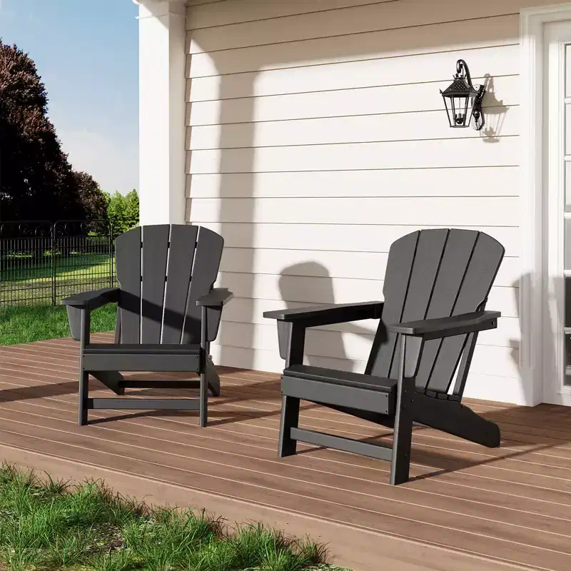 Set of 2 HDPE Folding Adirondack Patio Chairs with End Table, All Weather Outdoor Furniture for Backyard, Balcony, Poolside, Lawn, Fire Pit, Gray