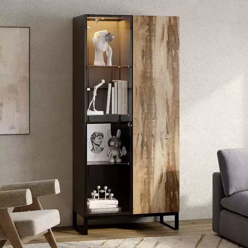 Hitow LED-Lighted Display Cabinet Bookcase Glass Wood Door Stylish Storage for Decor & Books Freestanding Cabinet