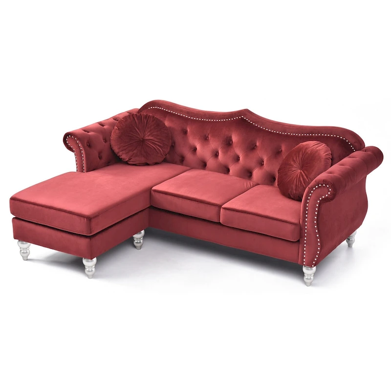Hollywood 81 in. Velvet Chesterfield Sectional Sofa with 2-Throw Pillow - 81L x 35W x 34H