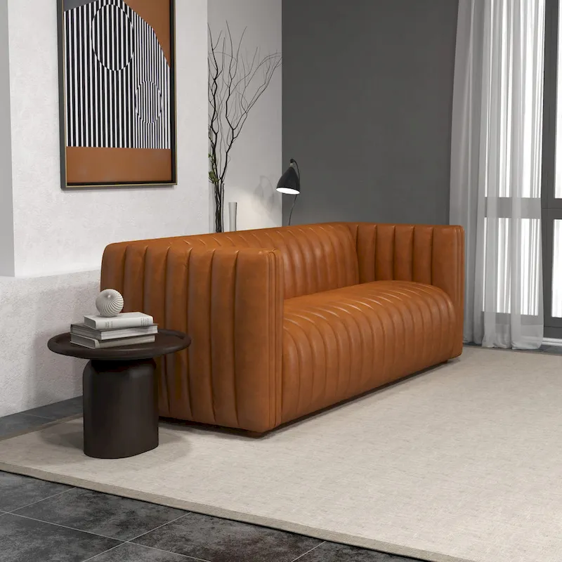 Rasam Mid Century Modern Luxury Tight Back Geniune Leather Couch in Cognac Tan