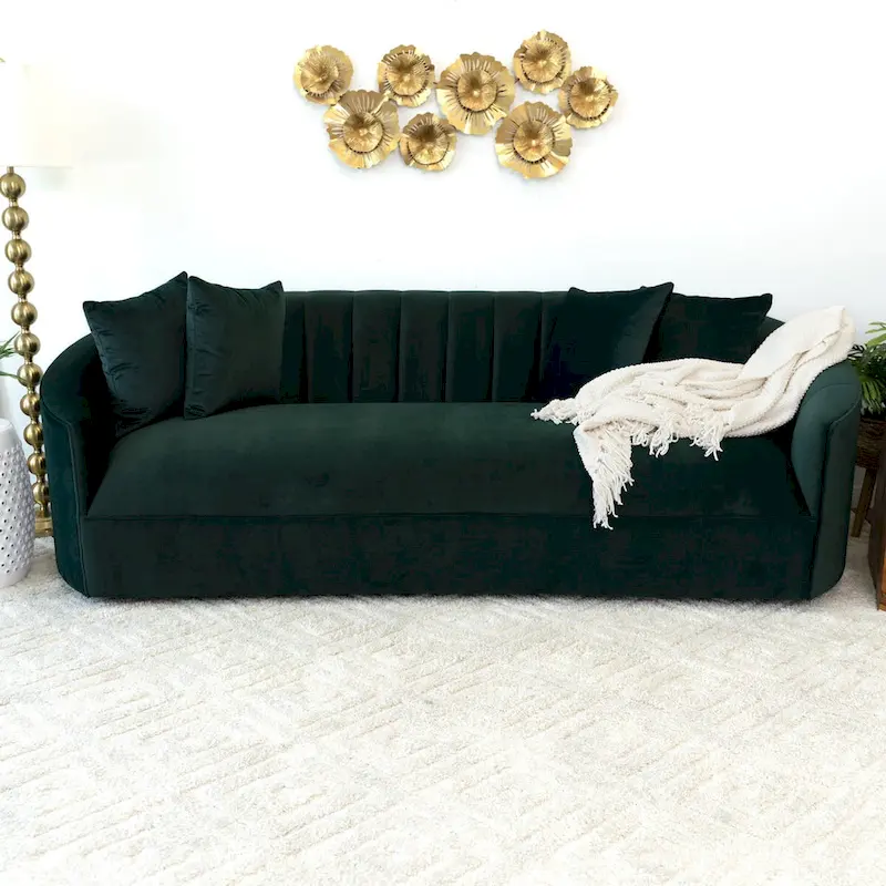 Kanter Modern Japandi Style Tight Back Velvet Couch in Green