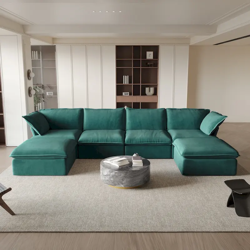 6 Piece U-shaped Velvet Upholstery Modular Sectional Sofa with 2 Ottoman
