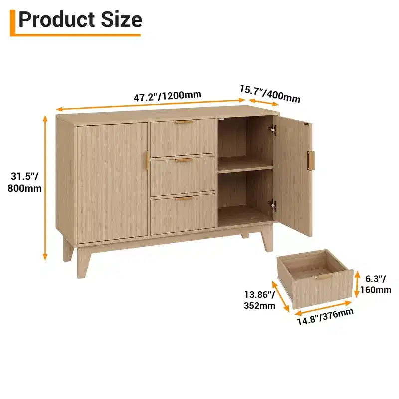 Fluted Sideboard Buffet Cabinet, 47.2in Large Accent Coffee Bar Cupboard Storage Cabinet with 3 Drawers 2 Doors for Kitchen Living Room Entryway