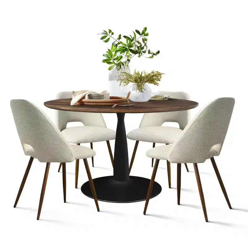5 Piece Dining Set for 4 Round Walunut Dining Table with Metal Pedestal Base + 4 Upholstered Armless Chairs for Dining Room,Kitchen-Panipeachy