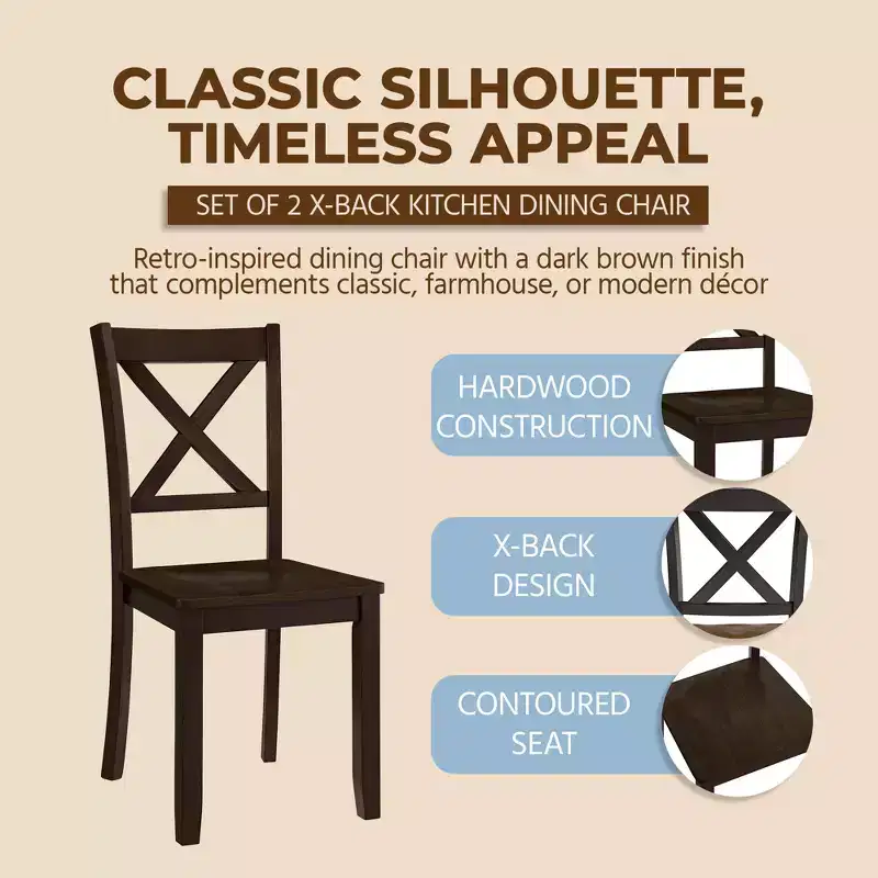 ROME + OAK X-Back Farmhouse Wooden Kitchen Dining Chair in Dark Brown, Set of 4
