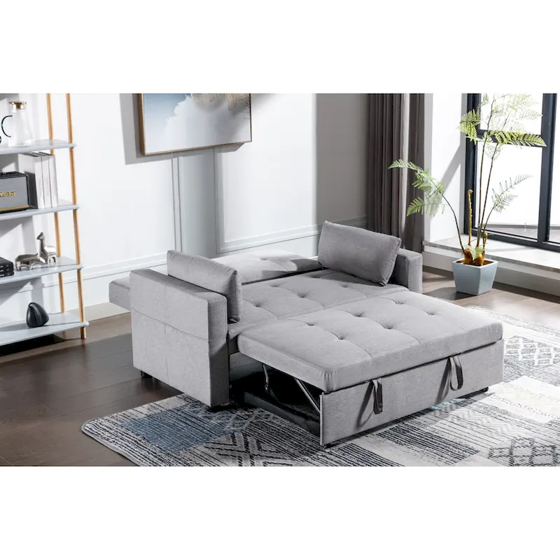 55.12 3-in-1 Linen Convertible Loveseat Sofa Bed with Side Pocket and Pillows