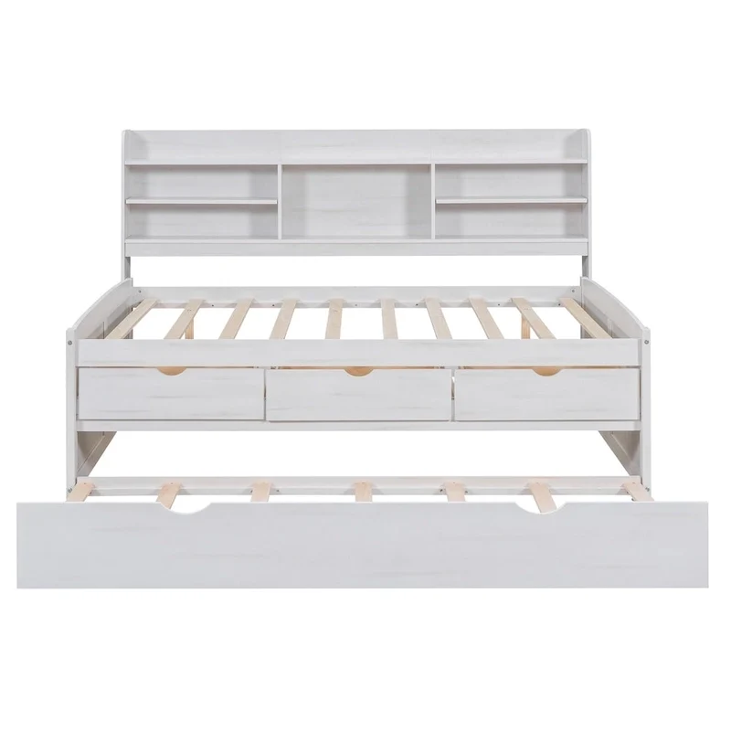 Full Pine Captain Bed with Shelves, Drawers & Trundle