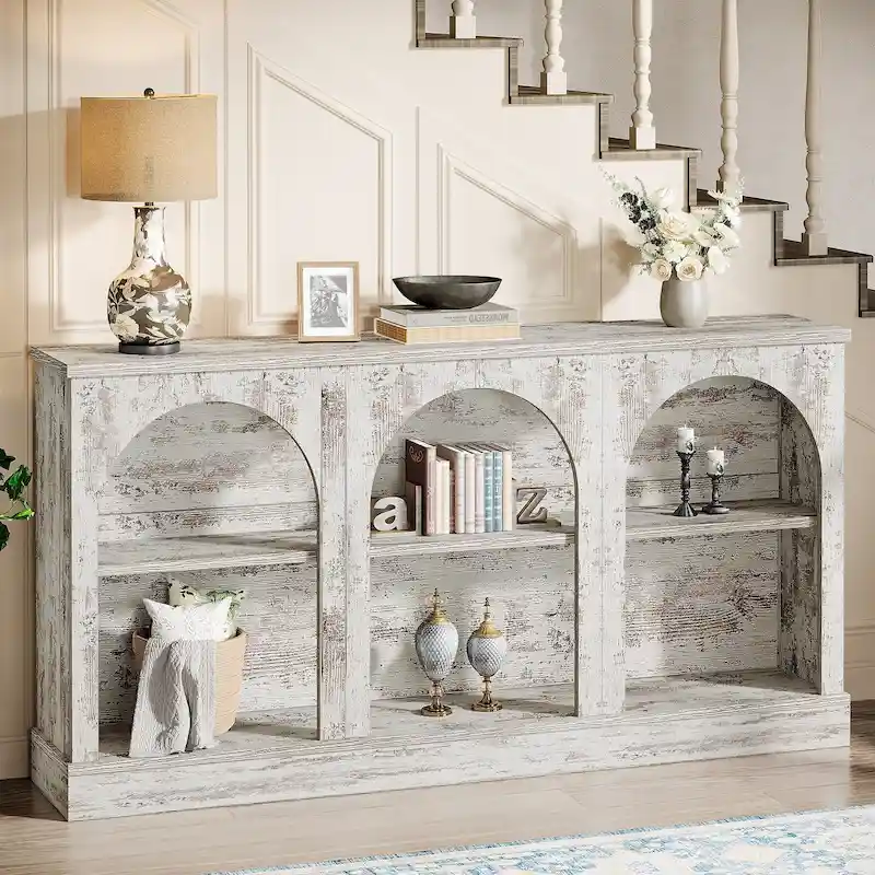 White / Brown / Black Farmhouse Console Table, 3-Tier Storage, 63