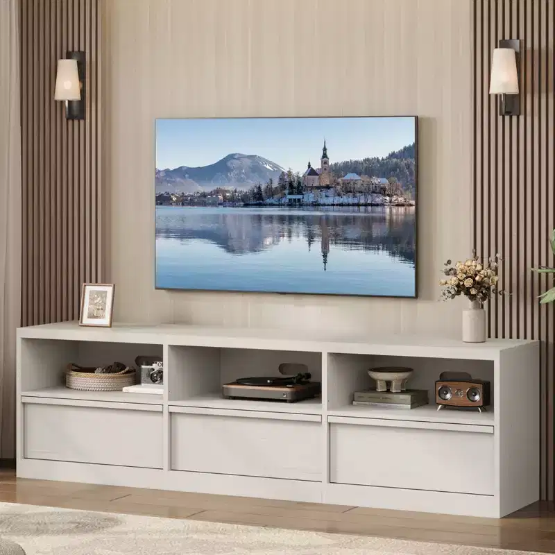 70 inch TV Stand for 80 TVs, Mid Century Modern Entertainment Center with Storage Drawer & Open Shelves