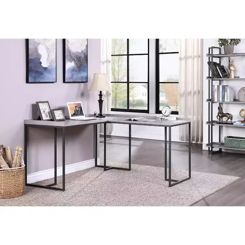 Marga L-Shape Desk with USB Port and Power Plug-In Gray - miBasics: Pine Veneer, Metal Frame, Charging Station