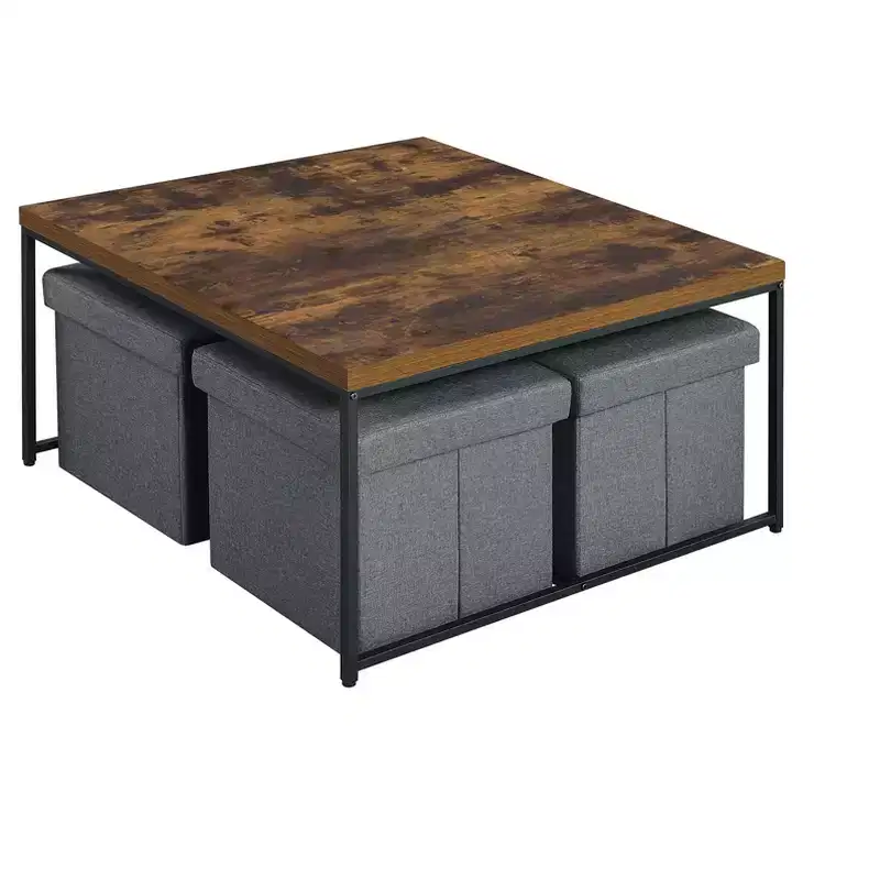 Caitlin 35 Weathered Oak Wood Grain 5 Piece Coffee Table Set, 4 Storage Stools MDF Top Black Metal Base
