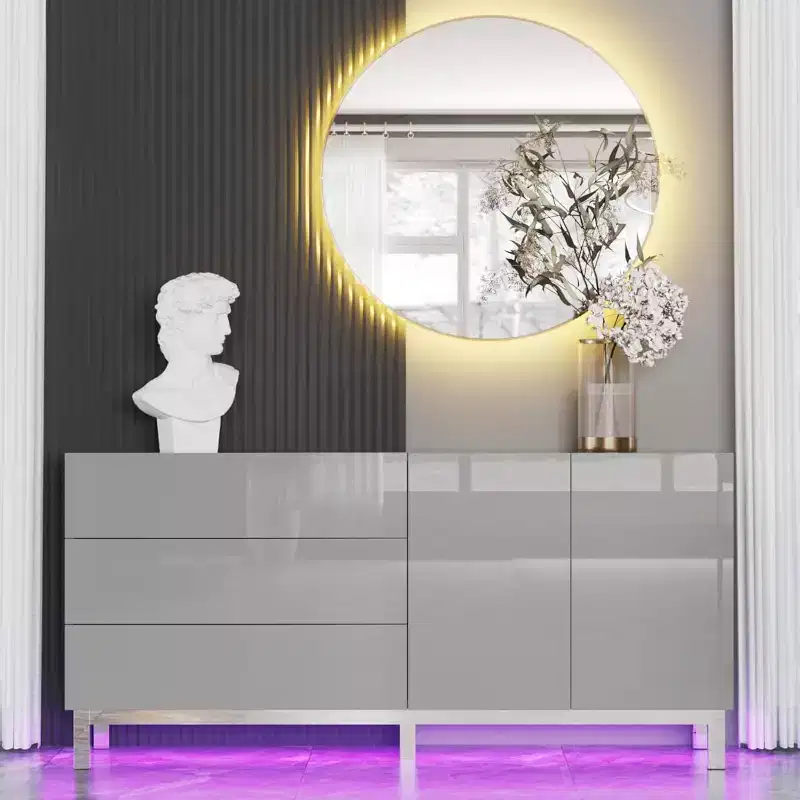 AMERLIFE High Gloss Electroplated Sideboard Buffet with LED Lights