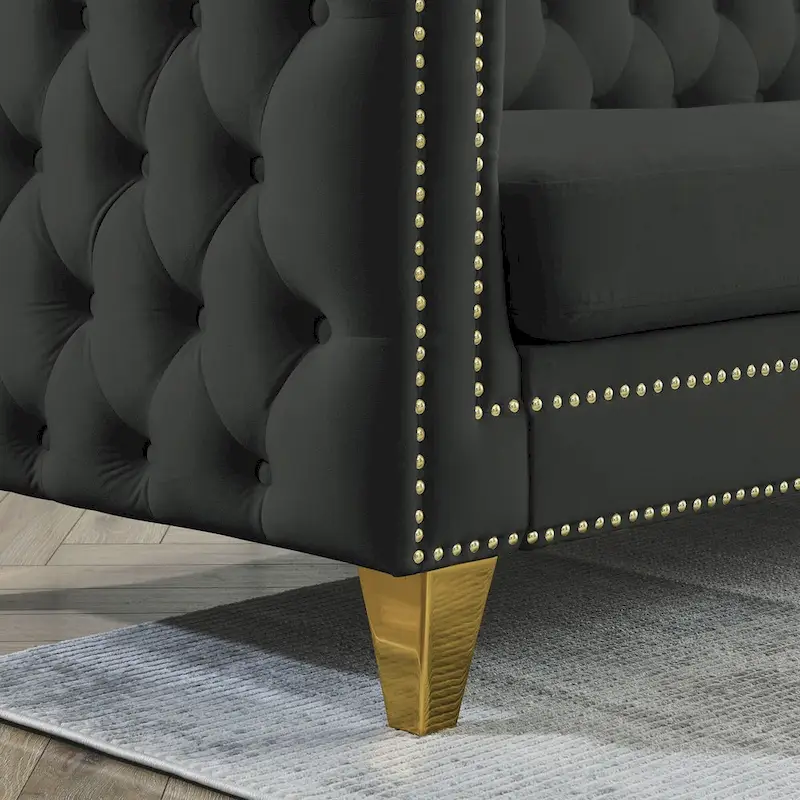 Velvet Upholstered 3 Seat Sofa, Classic Chesterfield Couch Buttons Tufted Square Arm Sofa with Nailheads and Metal Legs