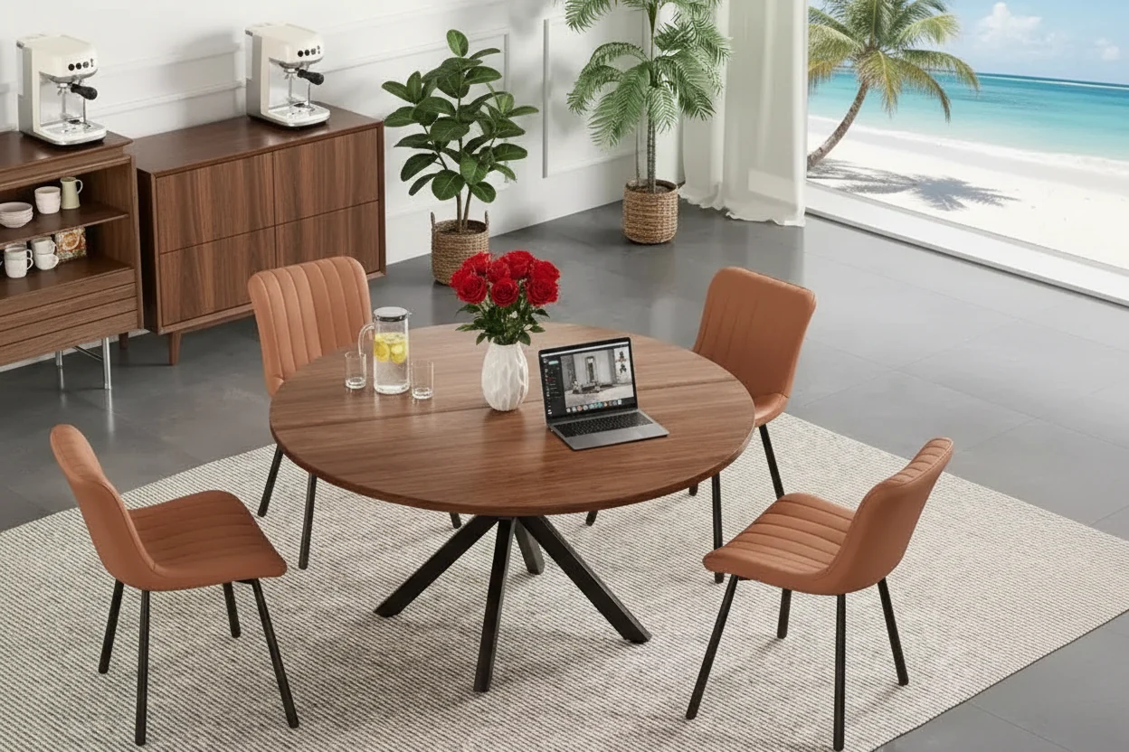 Wood Metal X-Base Round Dining Table 47