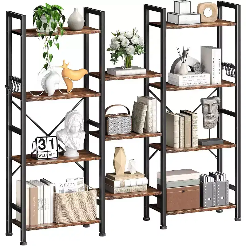 Qwatto Brown Triple 4 Tier Bookshelf 11 Open Display Shelves Wood Metal Storage Organizer Industrial Wide Shelving Unit Home Office Etagere Bookcase