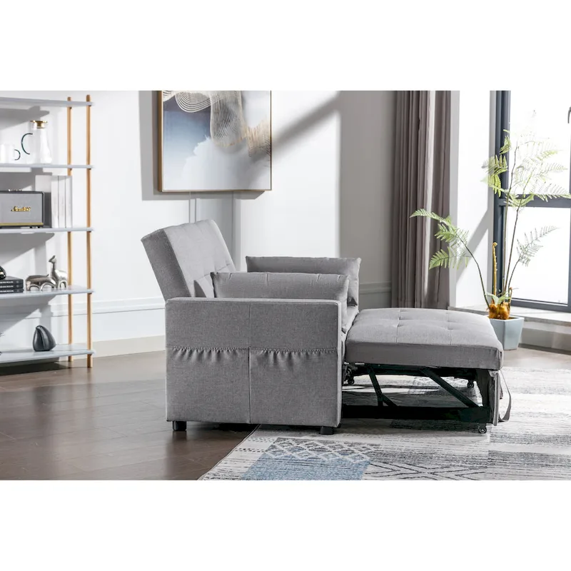 55.12 3-in-1 Linen Convertible Loveseat Sofa Bed with Side Pocket and Pillows