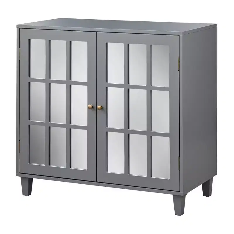 Modern Mirrored Door Cabinet Charcoal Gray: Modern Farmhouse Style, Brass Pulls, Adjustable Shelf