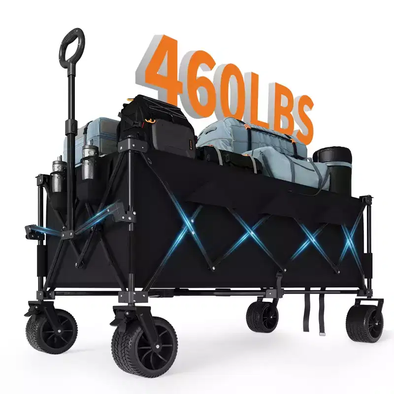 Extra Large Folding Wagon Cart, Heavy Duty Collapsible Utility Wagon with Cup Holders, All-Terrain Foldable Wagon for Beach, Camping, and Sand Use