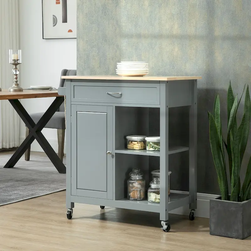 Wood Top Kitchen Trolley Cart on Wheels with Cabinet & Shelves