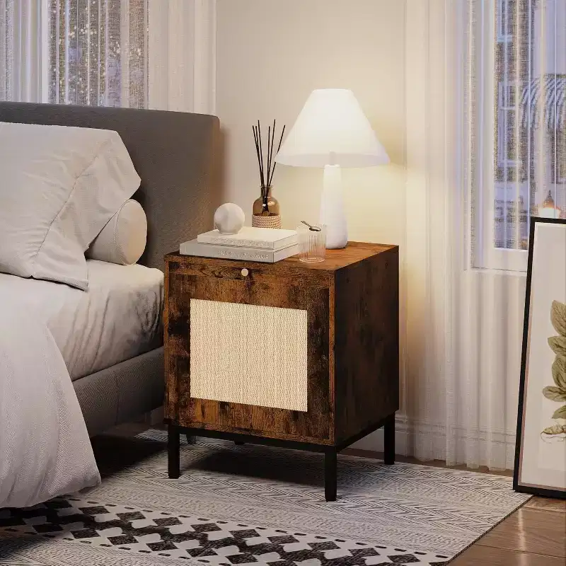 2Pcs Rattan End Table, Modern Farmhouse Nightstand with Storage Cabinet, Bedside Table, Rustic Couch Side Table for Living Room Bedroom, Brown+Black