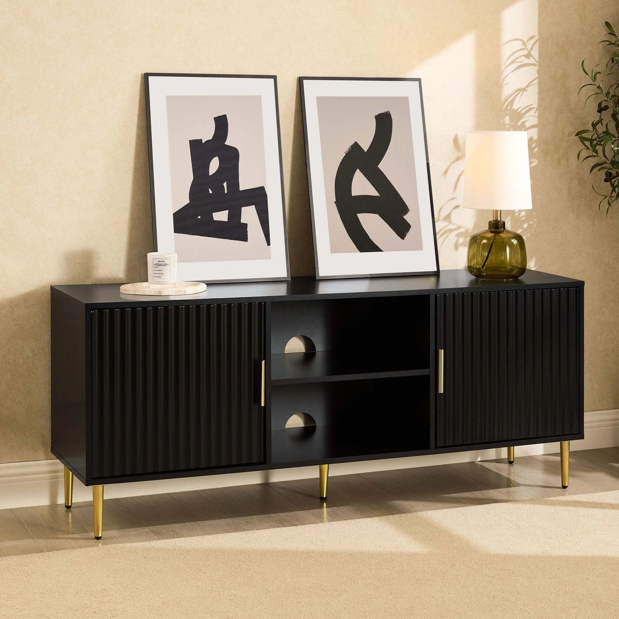 Modern Black Painted TV Unit with Gold Accents for TVs up to 65 Inch for Living Room