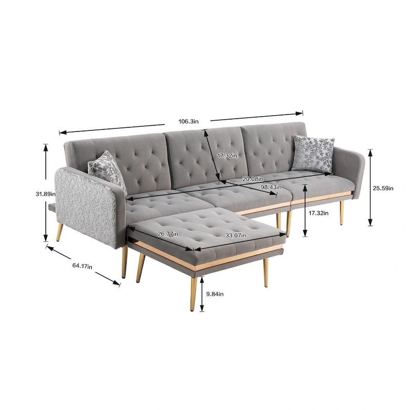 Polyester Upholstered Tufted Sleeper L-Shaped Sectional Sofa With Ottoman