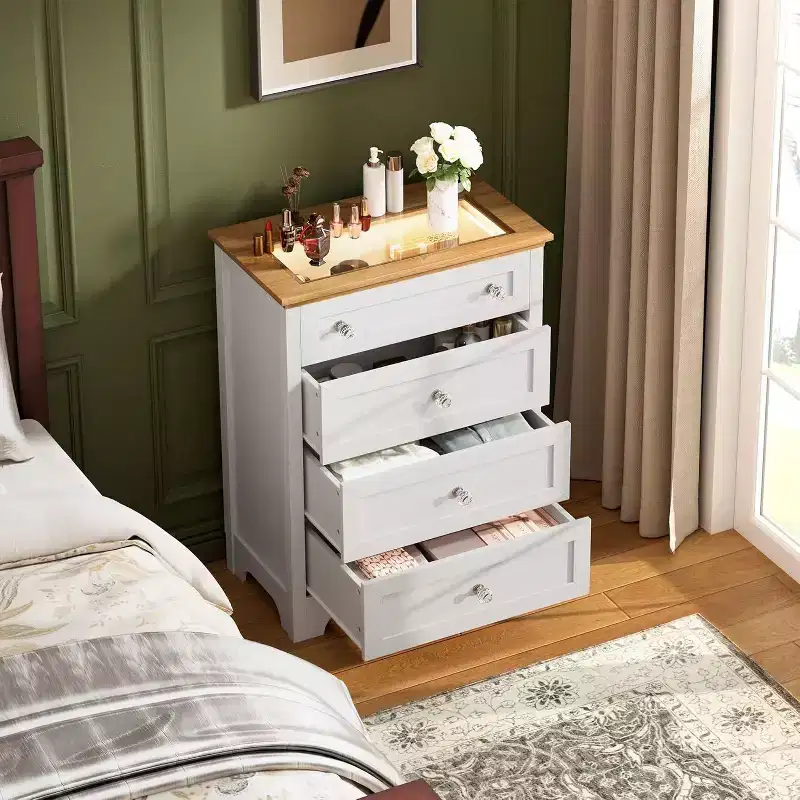 4 Drawer Nightstand Cabinet with Glass Top, Modern Dresser for Bedroom, Living Room, Entryway