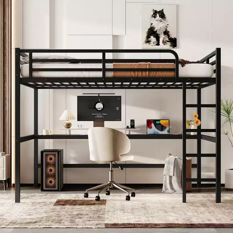 Black Metal Queen Size Loft Bed with Power Outlet and LED Lighted Space-Saving Noise Reduced