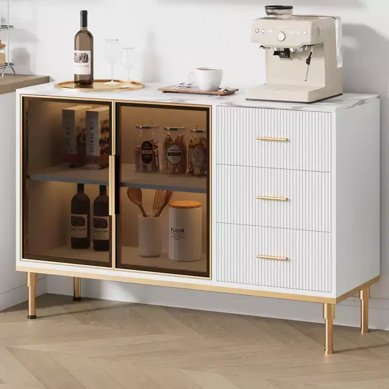 Buffet Sideboard Cabinet with Storage, 46.4 Large Fluted Kitchen Sideboard Cabinet with 2 Glass Doors 3 Drawers and Shelves, Buffet Table