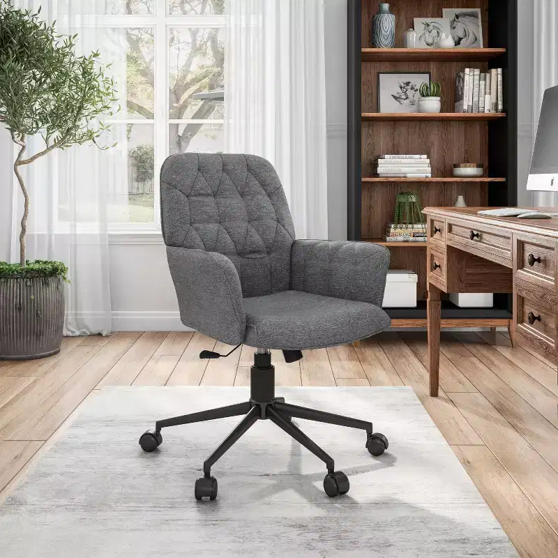 Modern Home Office Desk Chair, Upholstered Tufted Vanity Chair with Arms and Wheels, 360 Swivel, Gray