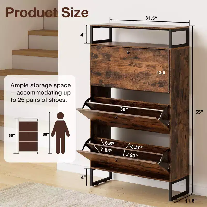 GARPROVM Mid-Century Wood Shoe Cabinet with 3 Flip Doors & Removable Shelves Entryway Shoe Storage