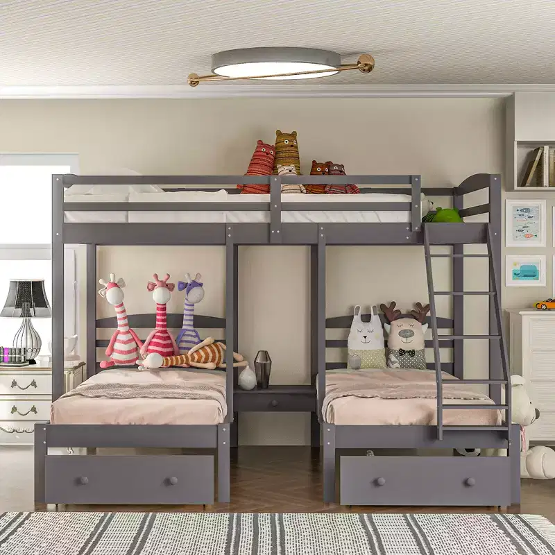 GDFStudio Bishop Wood Bunk Bed,Triple Bunk Bed with Drawers