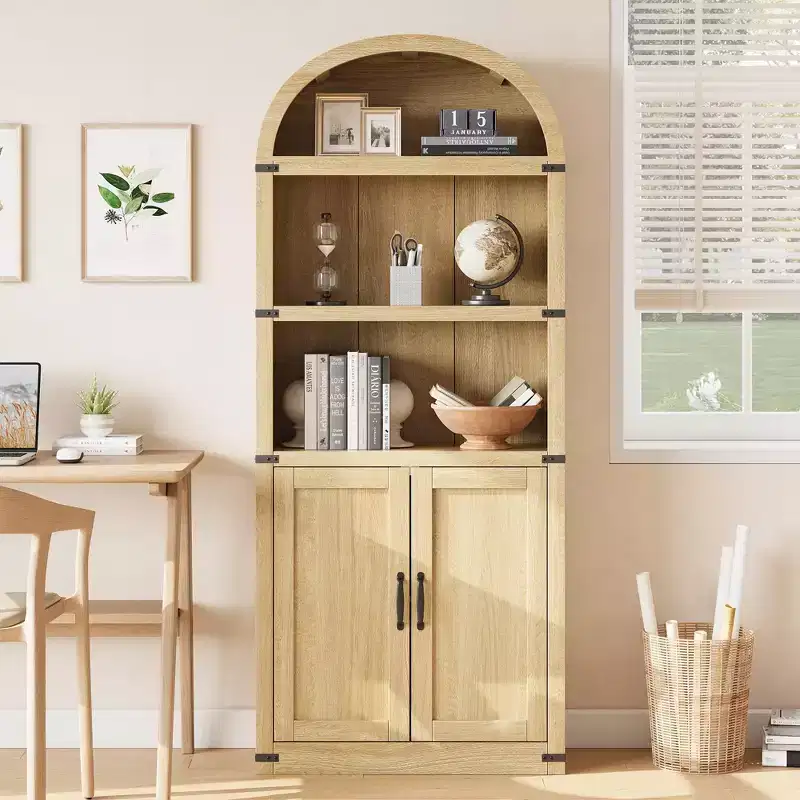 GustoWave Bookcase with Doors Arched Bookshelf 71.65in Tall Bookcase Farmhouse Cabinet with Shelves Wooden Bookshelves for Home Office