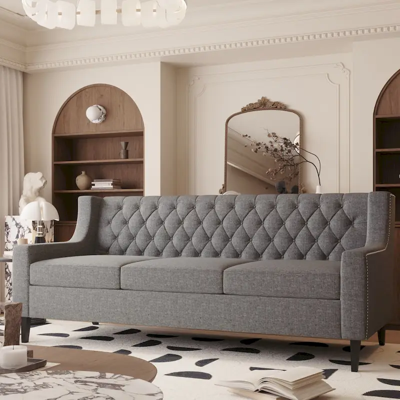 Naro Mid-Century Modern Fabric 3-Seater Sofa with Tufted Backrest by Christopher Knight Home