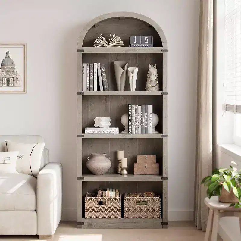 71 Tall 5-Tier Arched Bookcase with Large Storage Space, Mid-Century Modern Style Bookshelf for Living Room, Bedroom & Home Office