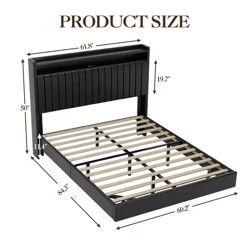Floating bed frame, modern upholstered platform bed with storage headboard and lamp, wooden slat support, no box spring required, easy to assemble